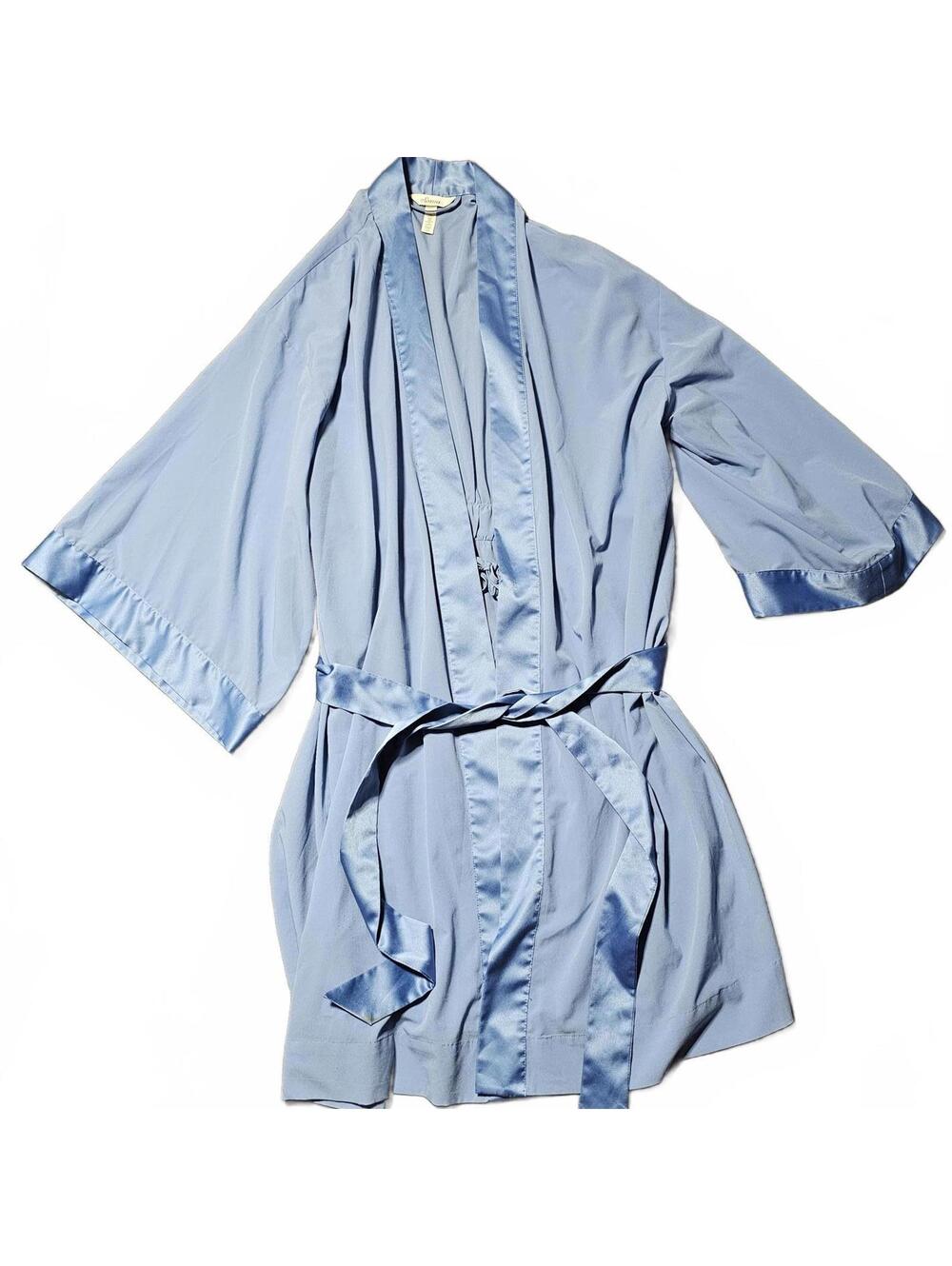 Soma Women Robe S / M Short Bell Flare Sleeves Kimono Blue Chiffon Satin Leisure